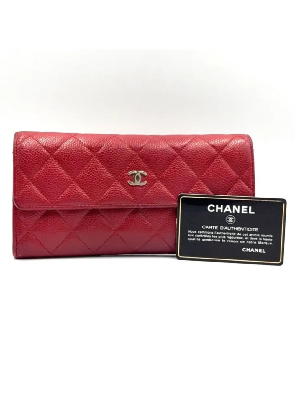 Chanel Quilted Caviar Leather Red Wallet Silver